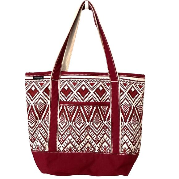 Lands' End Fair Isle Tote ~ Burgundy White Canvas Bag Aztec Nordic Boho *FLAW - Picture 1 of 8